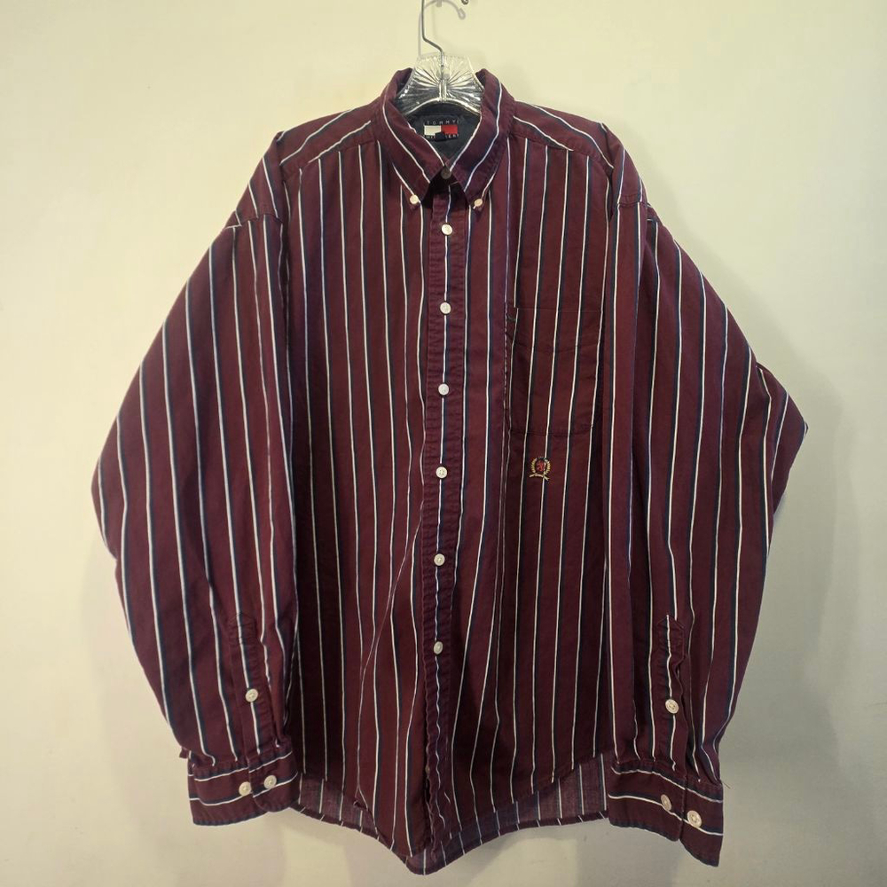 Men's Tommy Hilfiger Casual Button Down Shirt XL Maroon White Striped